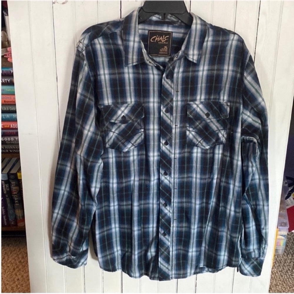 CHALC Button Down Shirt Black Blue White Plaid Size XL